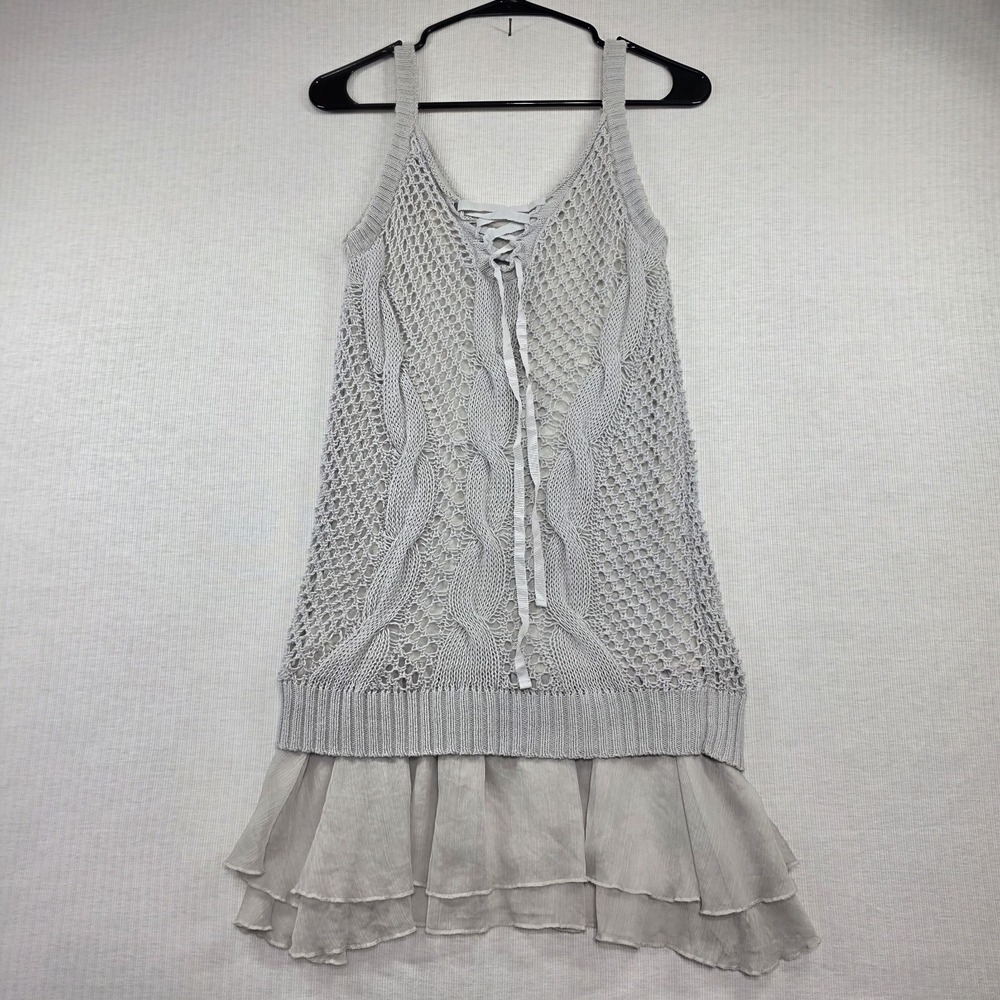 Free People Gray Open Knit Ruffle Tunic Tank Dress Size M Whimsigoth Fairycore